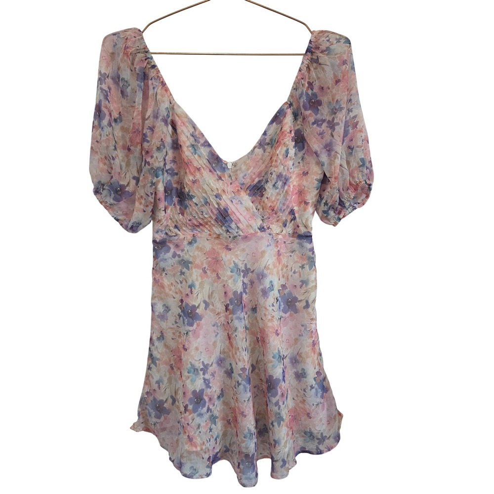 Shopmoda Watercolor Floral Chiffon Puff Sleeve Mini Dress Purple Pink XS - Picture 2 of 11